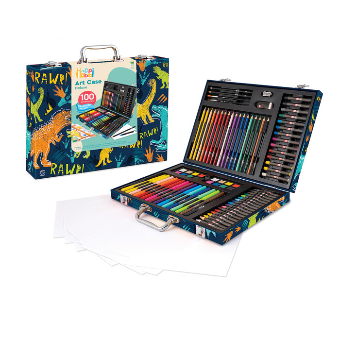 HappiHobbi Art Case Deluxe Dino With 100 Accessories For Ages 3+