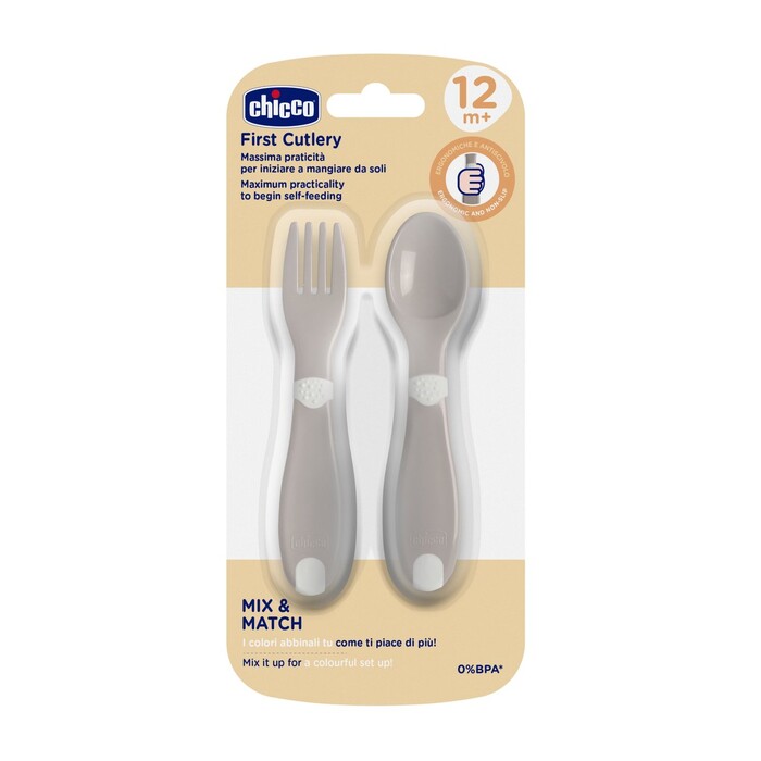 Chicco First Spoon/Fork Set Natural Gray For 12+ Months