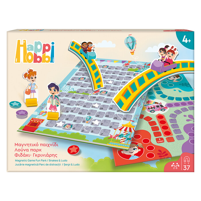 HappiHobbi Magnetic Board Game Luna Park Snakes - Ladders with 37 Educational Paper Magnets for Ages 4+ and 2-6 Players