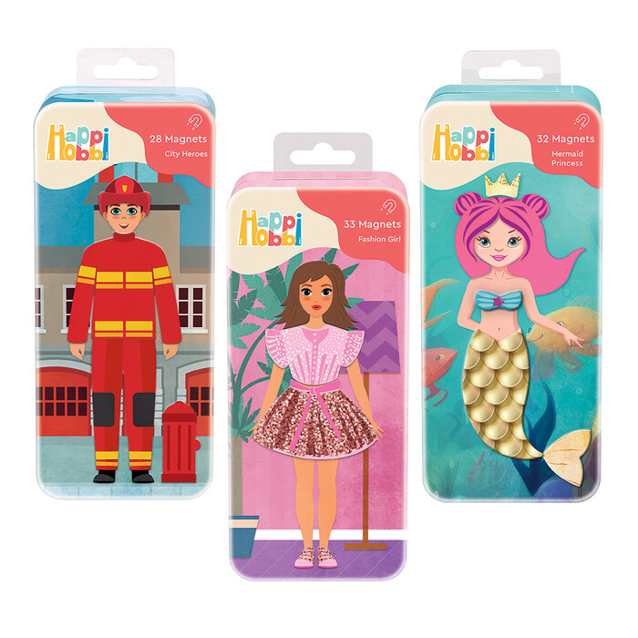 HappiHobbi Magnet Tins City Heroes - Fashion Girl - Mermaid Princess Educational Paper Magnets For Ages 3+